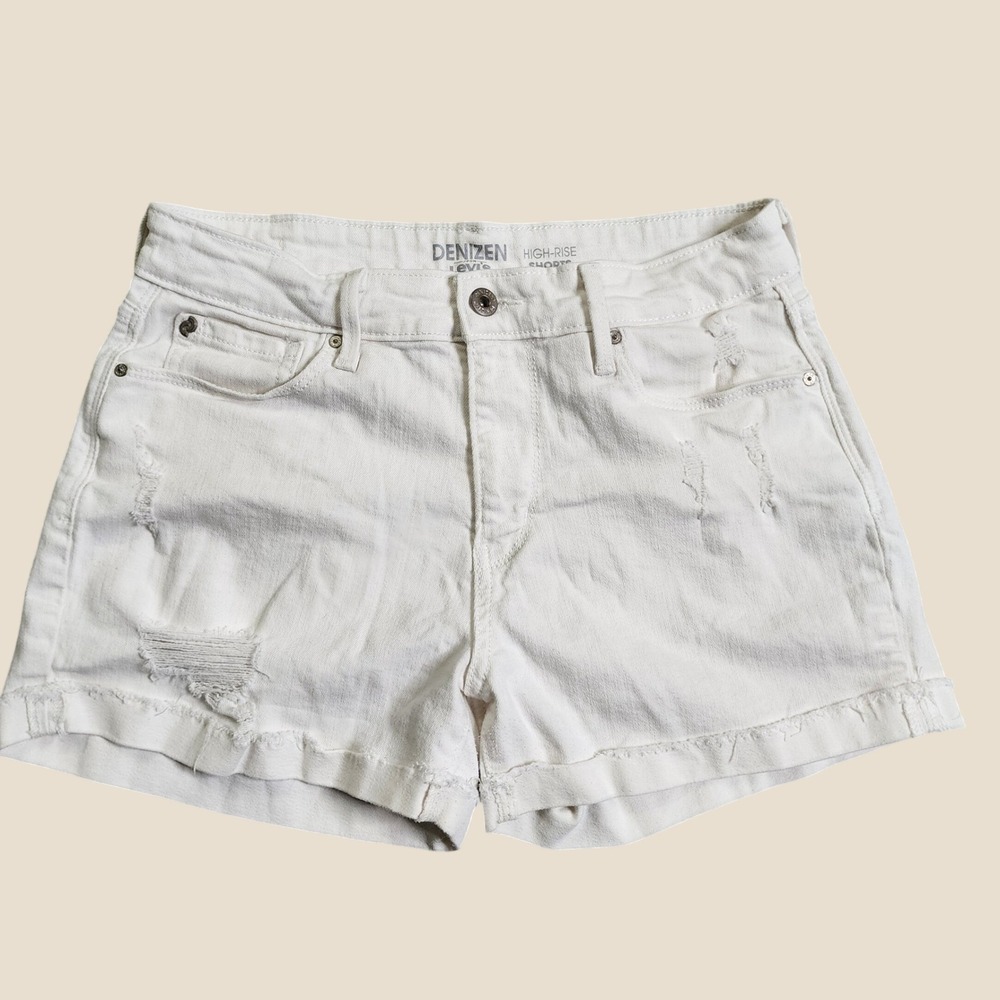 Denizen Levis Womens Off-White Distressed High Rise Denim Shorts Size 6 W28